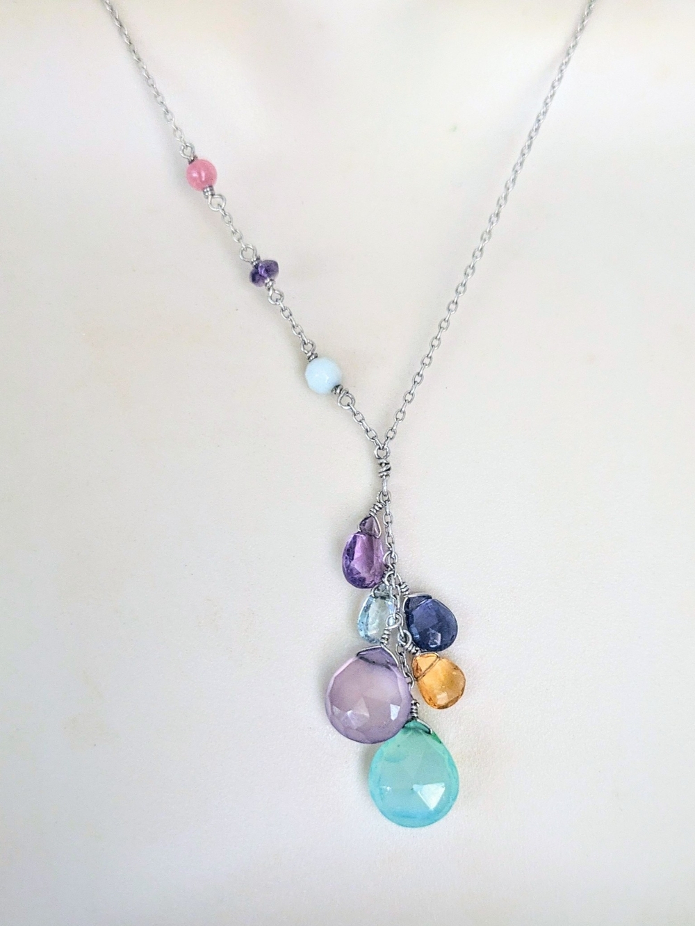 Sterling Silver Genuine Multi Gemstone Briolette Dangle Cascade Necklace 17-19"